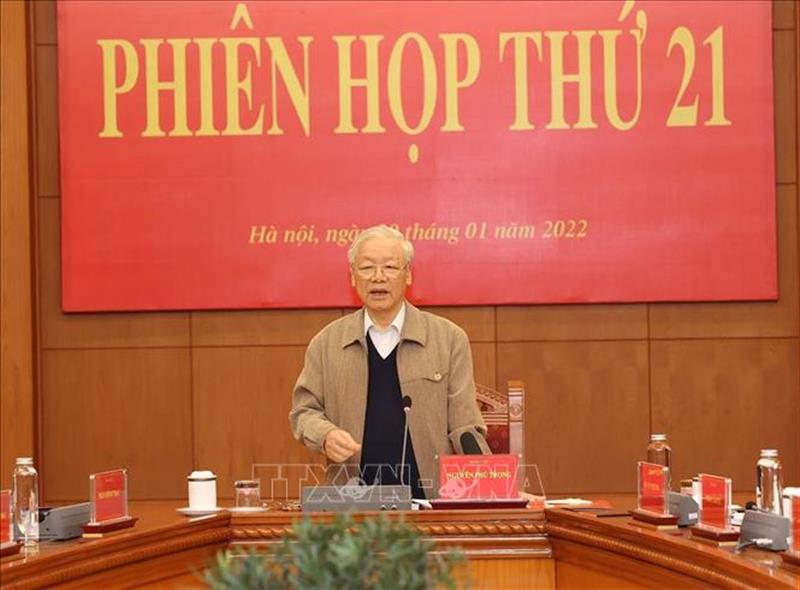 Ngày 20/1/2022, Tổng Bí thư Nguyễn Phú Trọng phát biểu kết luận Phiên họp thứ 21, Ban Chỉ đạo Trung ương về phòng, chống tham nhũng, tiêu cực. Ảnh: Trí Dũng/TTXVN