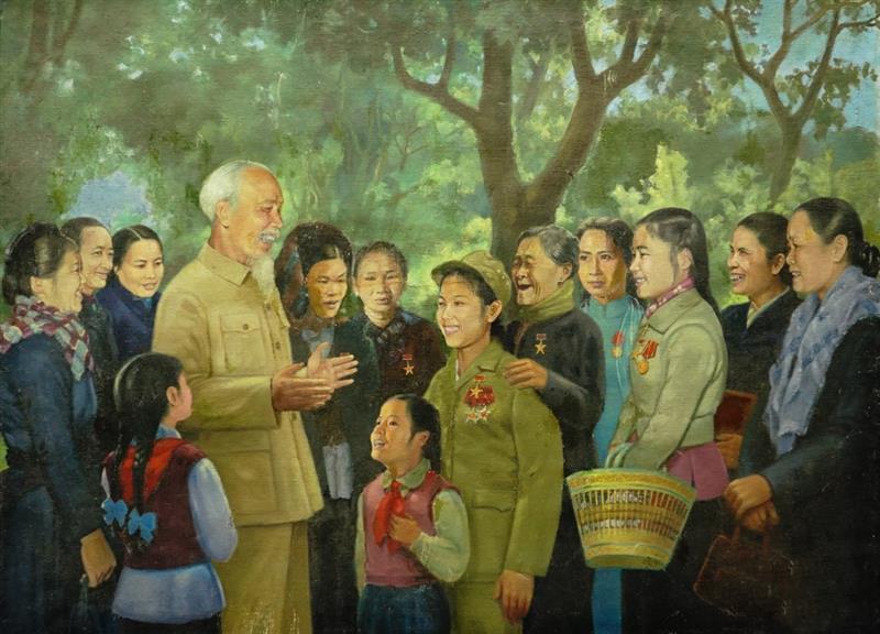 Bác Hồ với nữ chiến sĩ thi đua miền Bắc _Tranh của họa sĩ Vương Trình, sáng tác năm 1967.