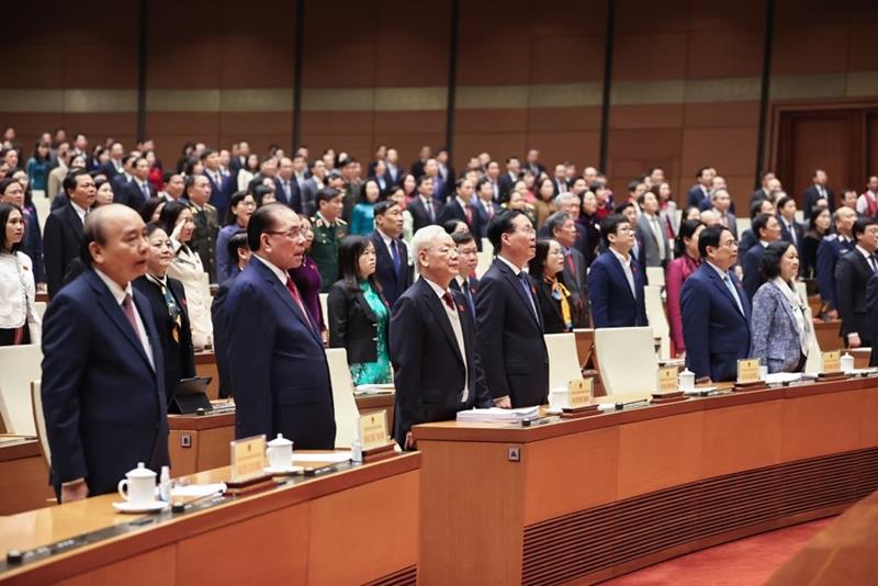 Tổng Bí thư Nguyễn Phú Trọng và các đại biểu lãnh đạo Đảng, Nhà nước  dự phiên khai mạc Kỳ họp bất thường lần thứ 5, Quốc hội khóa XV . Ảnh: TL.