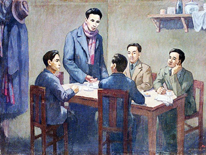 Chủ tịch Hồ Chí Minh (người đứng), người sáng lập Đảng Cộng sản Việt Nam. Tranh minh họa Hội nghị thành lập Đảng vào mùa xuân năm 1930 của họa sĩ Phi Hoanh tại Bảo tàng Lịch sử Cách mạng Việt Nam.