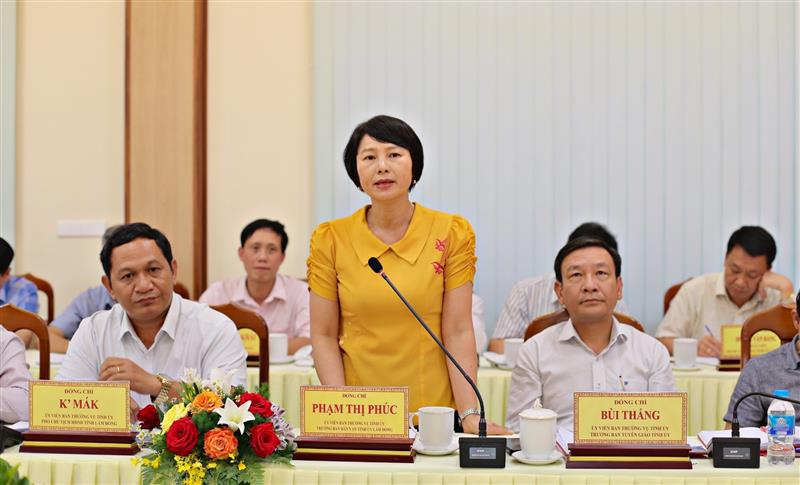 Đồng chí Phạm Thị Phúc - Trưởng Ban Dân vận Tỉnh ủy phát biểu tại buổi làm việc.