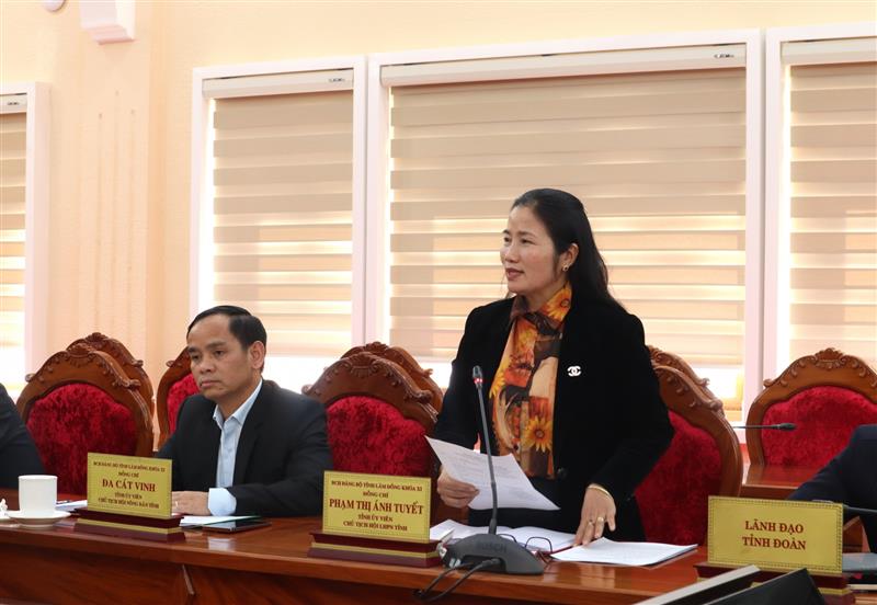 Đồng chí Phạm Thị Ánh Tuyết - Chủ tịch Hội Liên hiệp Phụ nữ tỉnh tham gia ý kiến .