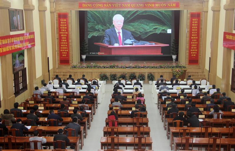 Quang cảnh Hội nghị tại điểm cầu Hội trường Tỉnh ủy Lâm Đồng.