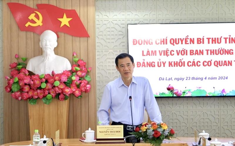 Đồng chí Nguyễn Thái Học - Quyền Bí thư Tỉnh ủy phát biểu chỉ đạo tại buổi làm việc.
